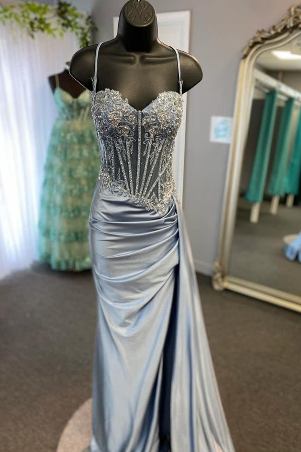 Silver Spaghetti Straps Mermaid Appliqued Prom Dress With Split – Prom Dress by KissProm | Available at KissProm