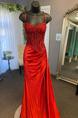 Silver Spaghetti Straps Mermaid Appliqued Prom Dress With Split – Prom Dress by KissProm | Available at KissProm