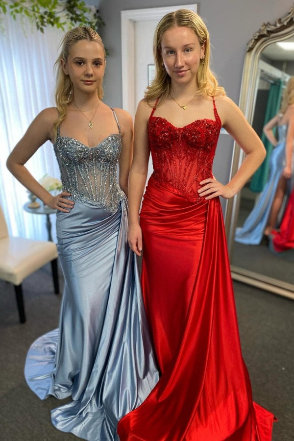 Silver Spaghetti Straps Mermaid Appliqued Prom Dress With Split – Prom Dress by KissProm | Available at KissProm