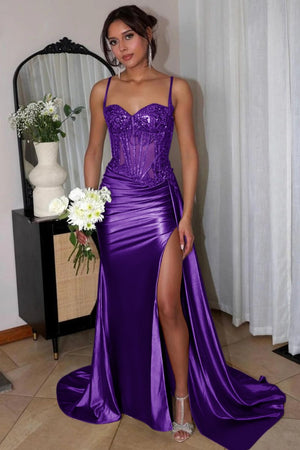 Silver Spaghetti Straps Mermaid Appliqued Prom Dress With Split – Prom Dress by KissProm | Available at KissProm