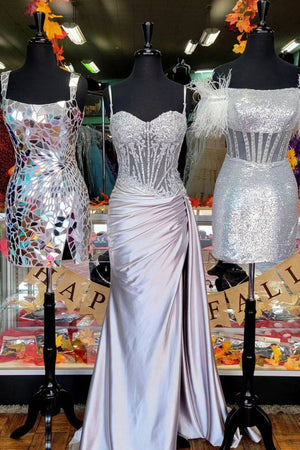 Silver Spaghetti Straps Mermaid Appliqued Prom Dress With Split – Prom Dress by KissProm | Available at KissProm