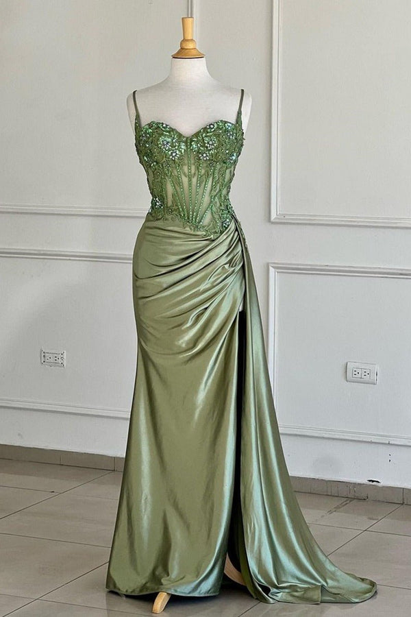 Silver Spaghetti Straps Mermaid Appliqued Prom Dress With Split – Prom Dress by KissProm | Available at KissProm