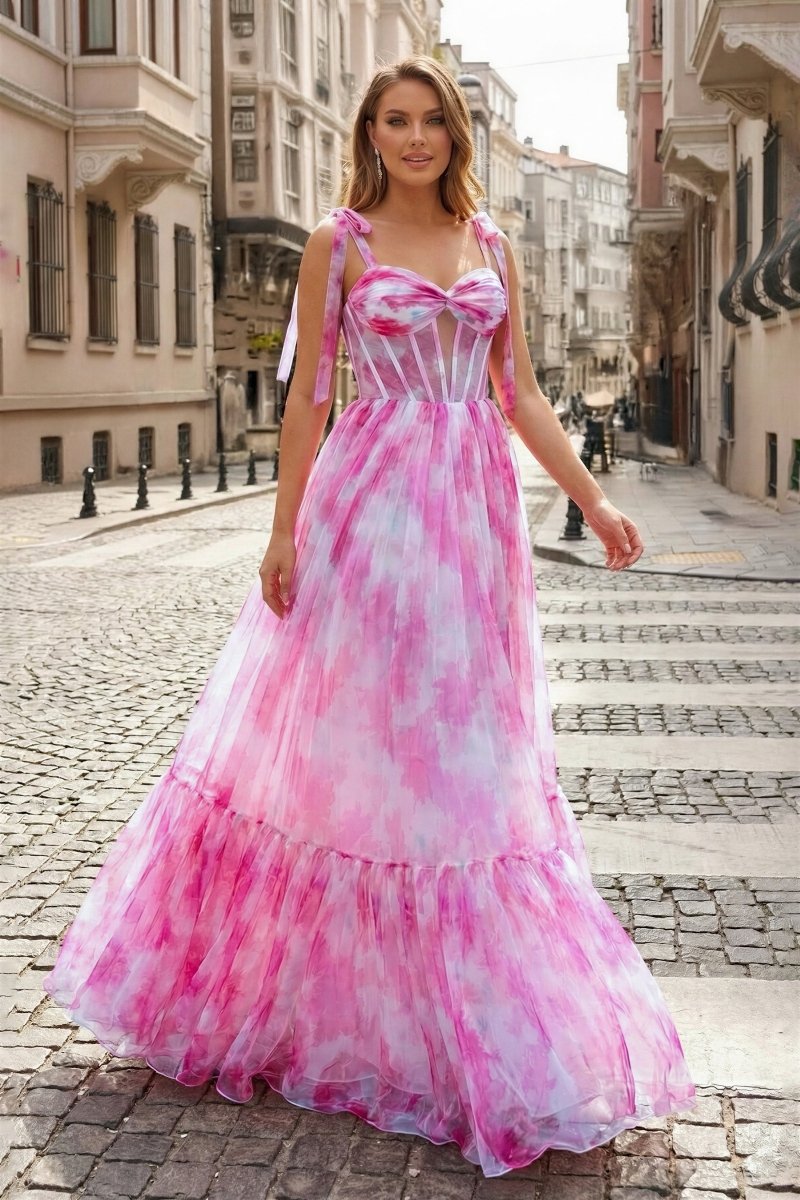 Pink Floral Print Corset A - Line Long Prom Dress with Bow Tie Straps - KissProm