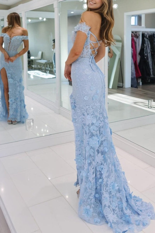 Off The Shoulder Floral Lace Long Prom Dress With Split – Prom Dresses by KissProm | Available at KissProm
