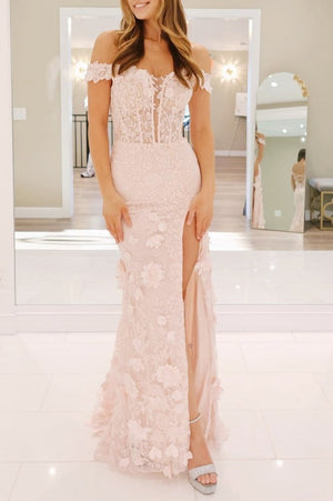 Off The Shoulder Floral Lace Long Prom Dress With Split – Prom Dresses by KissProm | Available at KissProm
