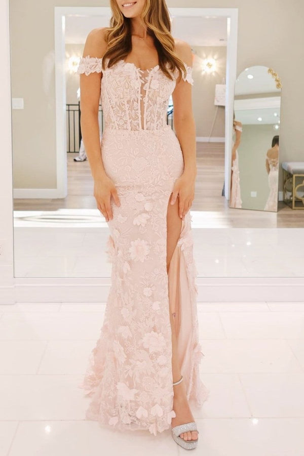 Off The Shoulder Floral Lace Long Prom Dress With Split – Prom Dresses by KissProm | Available at KissProm