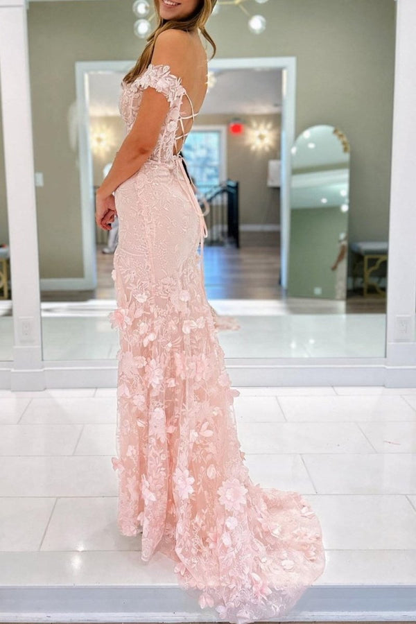 Off The Shoulder Floral Lace Long Prom Dress With Split – Prom Dresses by KissProm | Available at KissProm