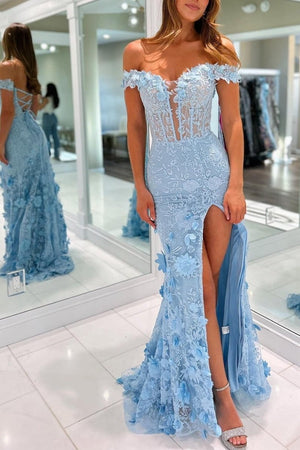 Off The Shoulder Floral Lace Long Prom Dress With Split – Prom Dresses by KissProm | Available at KissProm