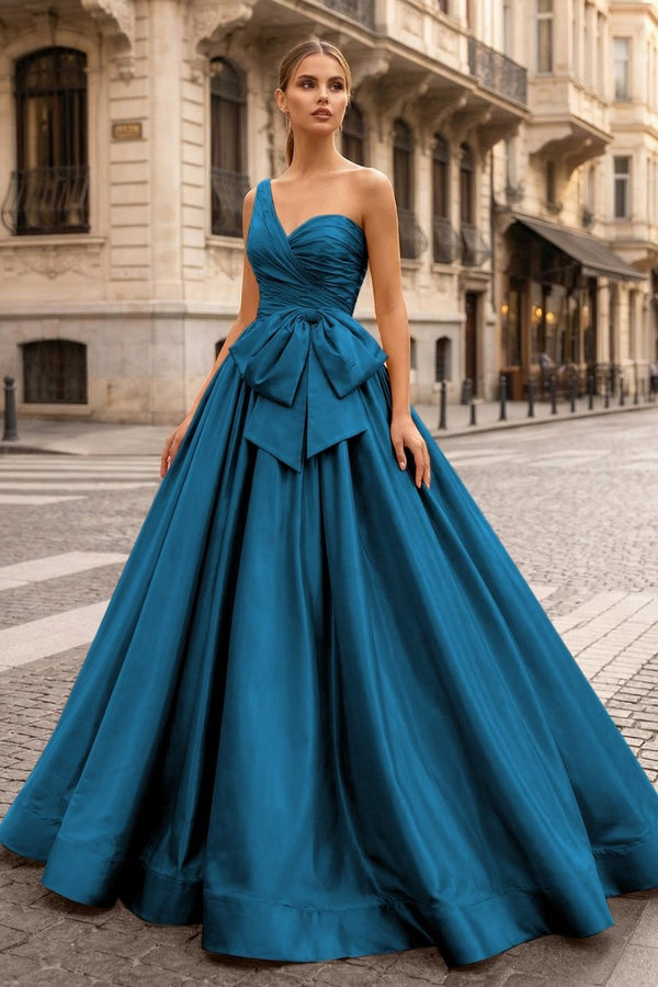 One Shoulder Satin A Line Prom Dress With Bow - KissProm