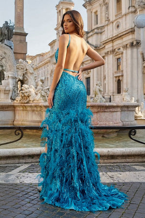 Jade Sequin Lace Spaghetti Straps Mermaid Prom Dresses with Slit - KissProm