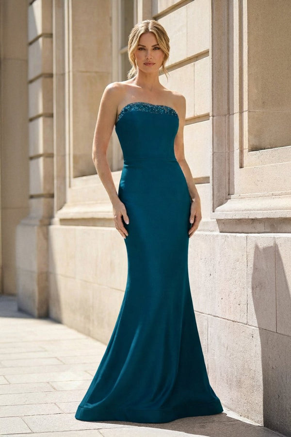 Fuchsia Strapless Mermaid Satin Long Prom Dresses With Beading - KissProm