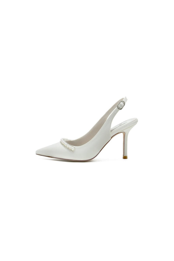 Pearl Embellished Peep Toe Slingback High Heels - KissProm
