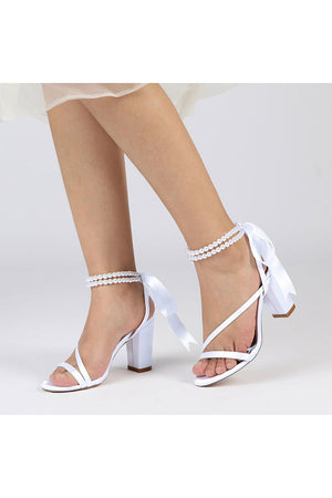 Pearl Open Toe Ankle Strap High Heels - KissProm