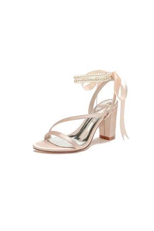 Pearl Open Toe Ankle Strap High Heels - KissProm