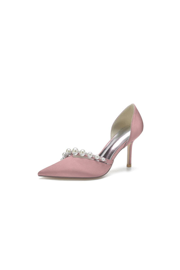 Pearl Strap Pointed Toe Satin High Heels - KissProm