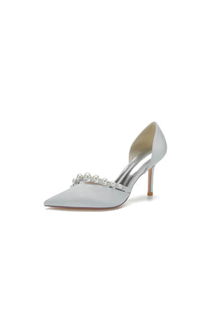 Pearl Strap Pointed Toe Satin High Heels - KissProm