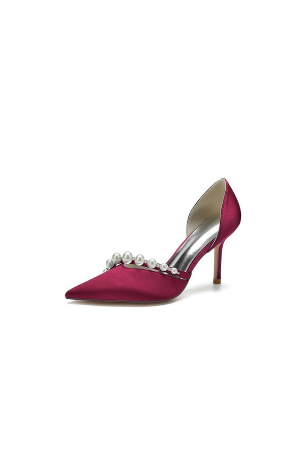 Pearl Strap Pointed Toe Satin High Heels - KissProm