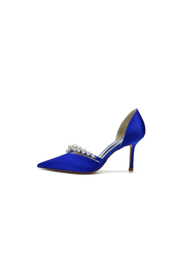 Pearl Strap Pointed Toe Satin High Heels - KissProm