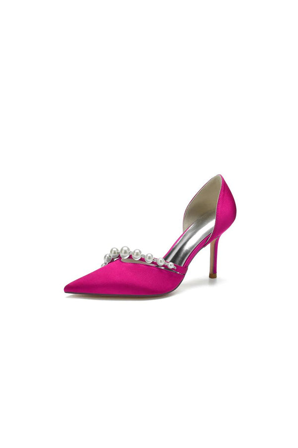 Pearl Strap Pointed Toe Satin High Heels - KissProm