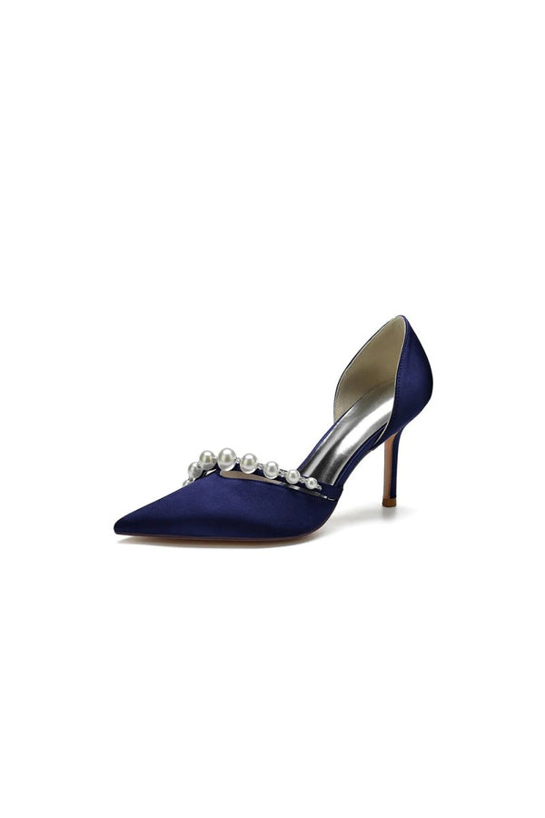 Pearl Strap Pointed Toe Satin High Heels - KissProm