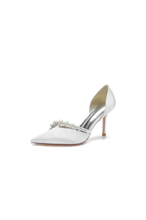 Pearl Strap Pointed Toe Satin High Heels - KissProm