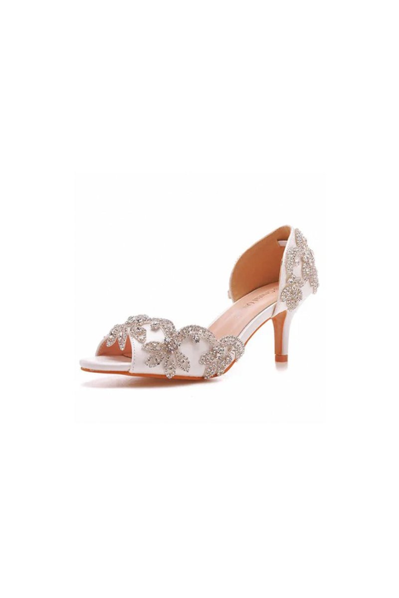 Peep Toe Satin Rhinestone Slip On High Heels - KissProm