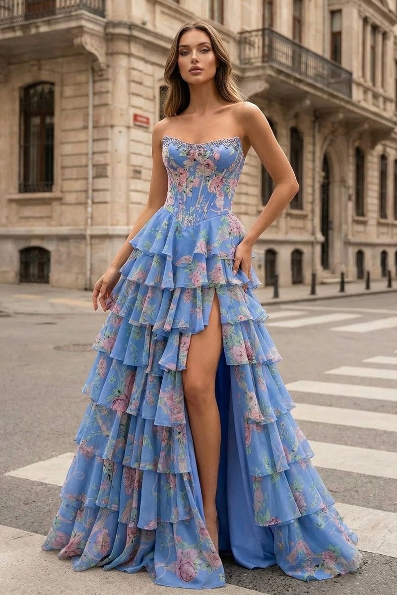 Periwinkle - Strapless A Line Floral Chiffon Ruffled Prom Dresses With Beading – Prom Dress by KissProm | Available at KissProm