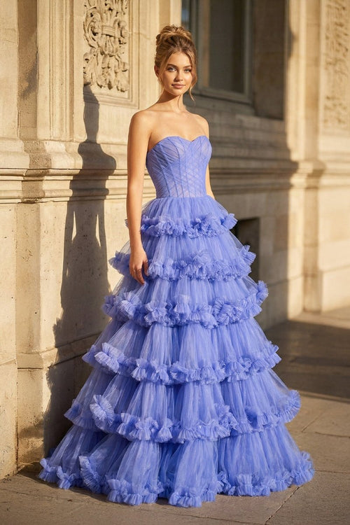 Navy Blue Strapless A Line Tulle Ruffled Long Prom Dresses With Slit - KissProm