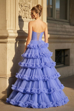 Navy Blue Strapless A Line Tulle Ruffled Long Prom Dresses With Slit - KissProm