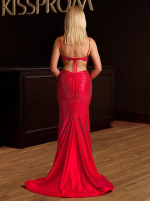 Red Spaghetti Straps Cutout Beaded Mermaid Long Dress With Split – Prom Dresses by KissProm | Available at KissProm