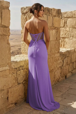 Yellow Sweetheart Sheath Pleated Long Prom Dresses With Slit – Prom Dress by KissProm | Available at KissProm