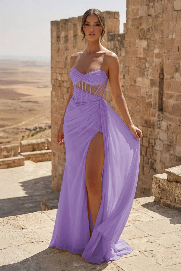 Yellow Sweetheart Sheath Pleated Long Prom Dresses With Slit – Prom Dress by KissProm | Available at KissProm