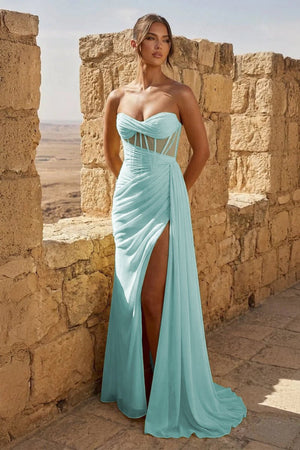 Yellow Sweetheart Sheath Pleated Long Prom Dresses With Slit – Prom Dress by KissProm | Available at KissProm