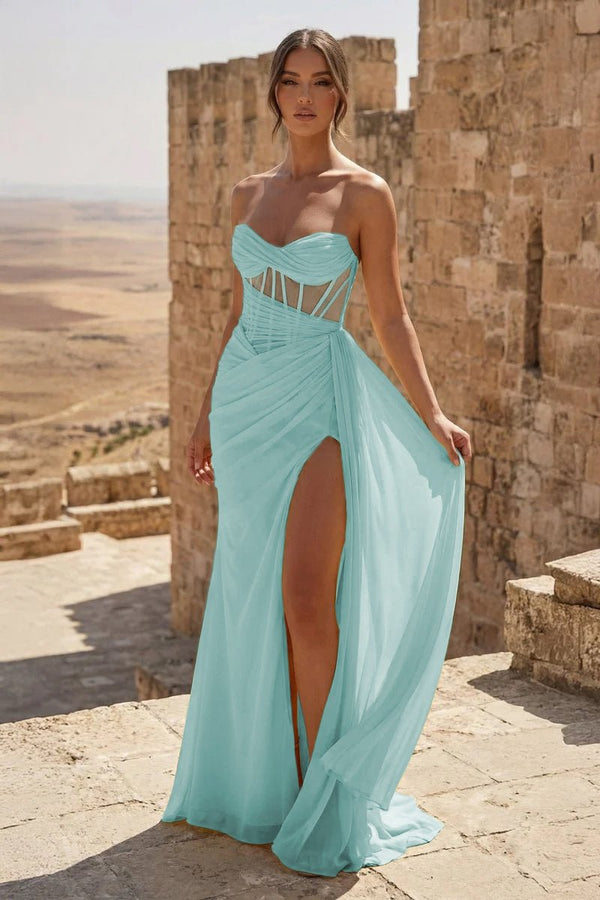 Yellow Sweetheart Sheath Pleated Long Prom Dresses With Slit – Prom Dress by KissProm | Available at KissProm
