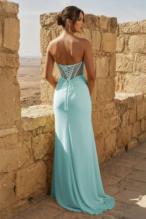 Yellow Sweetheart Sheath Pleated Long Prom Dresses With Slit – Prom Dress by KissProm | Available at KissProm