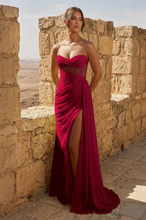 Yellow Sweetheart Sheath Pleated Long Prom Dresses With Slit – Prom Dress by KissProm | Available at KissProm