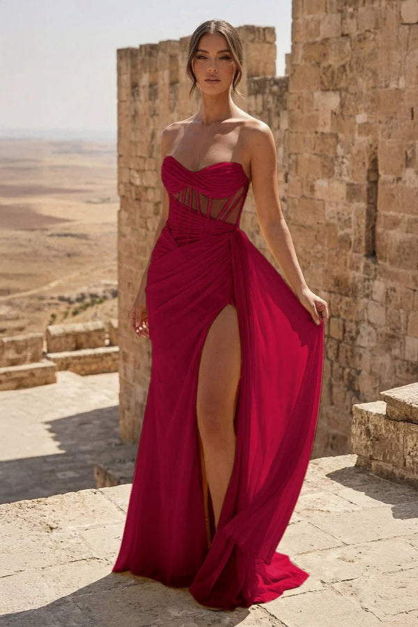 Yellow Sweetheart Sheath Pleated Long Prom Dresses With Slit – Prom Dress by KissProm | Available at KissProm
