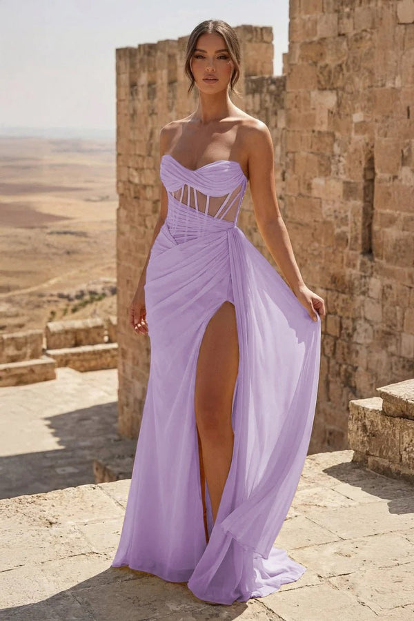 Yellow Sweetheart Sheath Pleated Long Prom Dresses With Slit – Prom Dress by KissProm | Available at KissProm