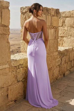 Yellow Sweetheart Sheath Pleated Long Prom Dresses With Slit – Prom Dress by KissProm | Available at KissProm