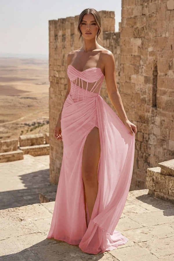 Yellow Sweetheart Sheath Pleated Long Prom Dresses With Slit – Prom Dress by KissProm | Available at KissProm