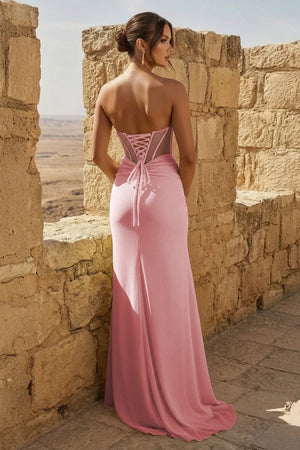Yellow Sweetheart Sheath Pleated Long Prom Dresses With Slit – Prom Dress by KissProm | Available at KissProm