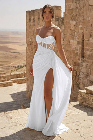 Yellow Sweetheart Sheath Pleated Long Prom Dresses With Slit – Prom Dress by KissProm | Available at KissProm