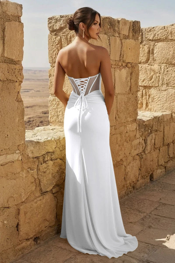 Yellow Sweetheart Sheath Pleated Long Prom Dresses With Slit – Prom Dress by KissProm | Available at KissProm