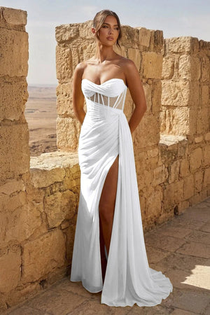 Yellow Sweetheart Sheath Pleated Long Prom Dresses With Slit – Prom Dress by KissProm | Available at KissProm