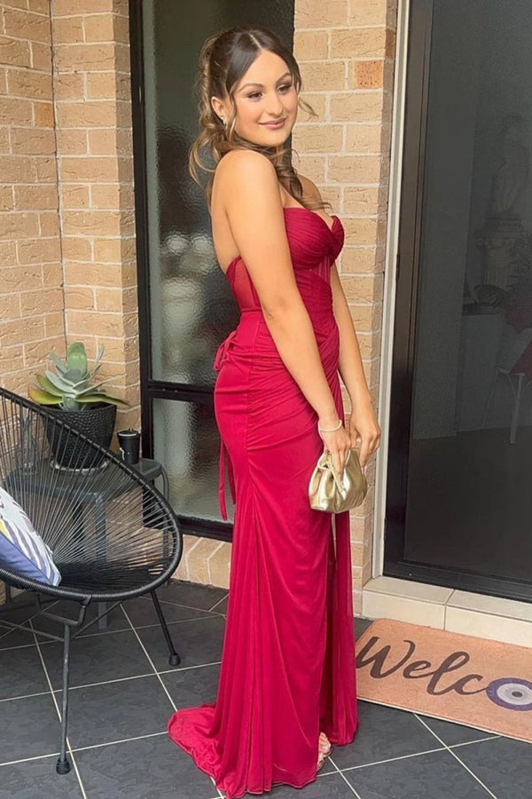 Yellow Sweetheart Sheath Pleated Long Prom Dresses With Slit – Prom Dress by KissProm | Available at KissProm