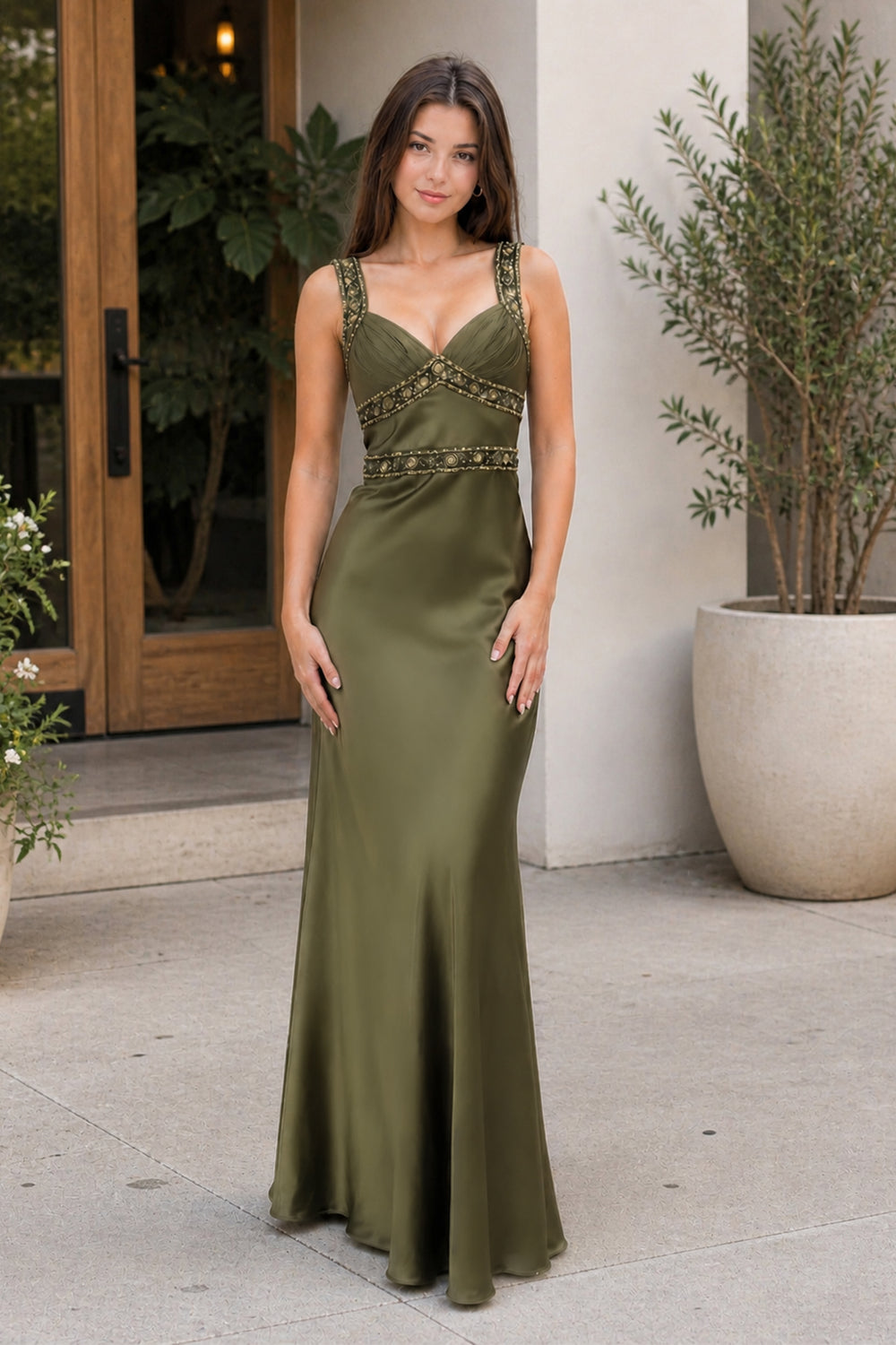 Philomena | Olive Green Sheath Satin Beaded Long Prom Dresses