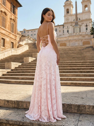 Pink A-Line Lace Floral Spaghetti Straps Long Prom Dresses – Prom Dresses by KissProm | Available at KissProm