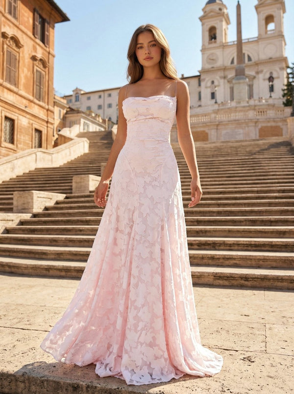 Pink A-Line Lace Floral Spaghetti Straps Long Prom Dresses – Prom Dresses by KissProm | Available at KissProm