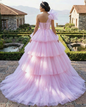 Pink A - line Tiered One Shoulder Tulle Ball Gown Pink Quinceanera Dresses - KissProm