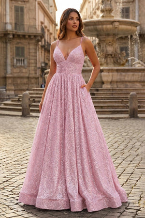 A - line V Neck Sequins Long Prom Dress - KissProm